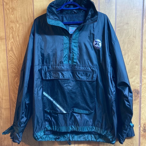 Vintage Windbreaker Tango USA Quarter Zip XL Black and Green Pull Cord Waist - Picture 2 of 10